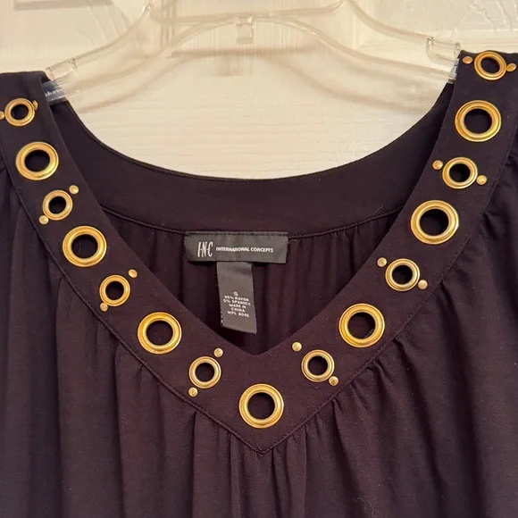 INC brand Black Short Sleeve Top with Gold Eyelet V-Neckline. Size Small - Picture 3 of 12